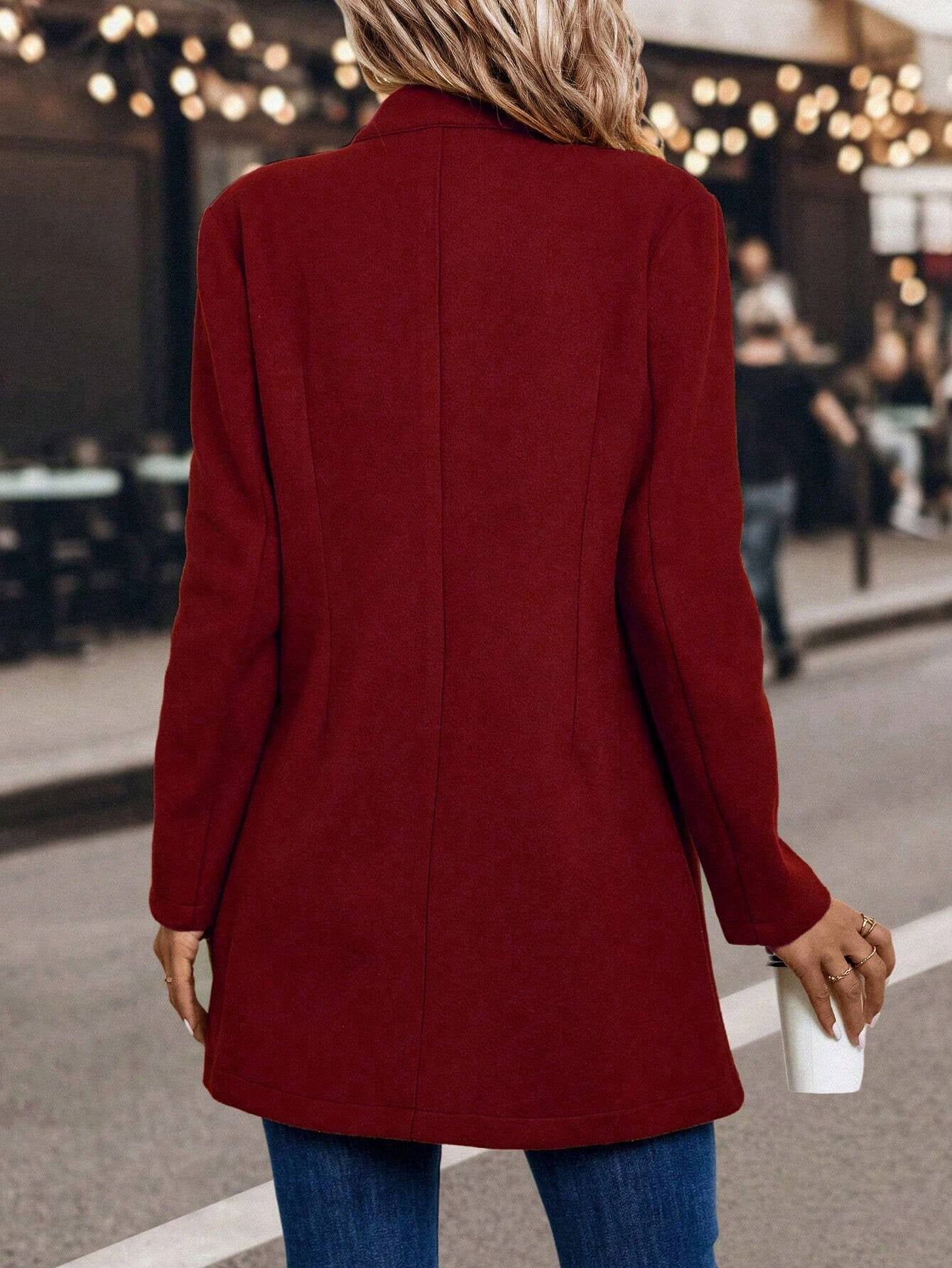 LUNE Solid Color Woolen Coat with Single Breasted Button Fall Winter Cloth for Women