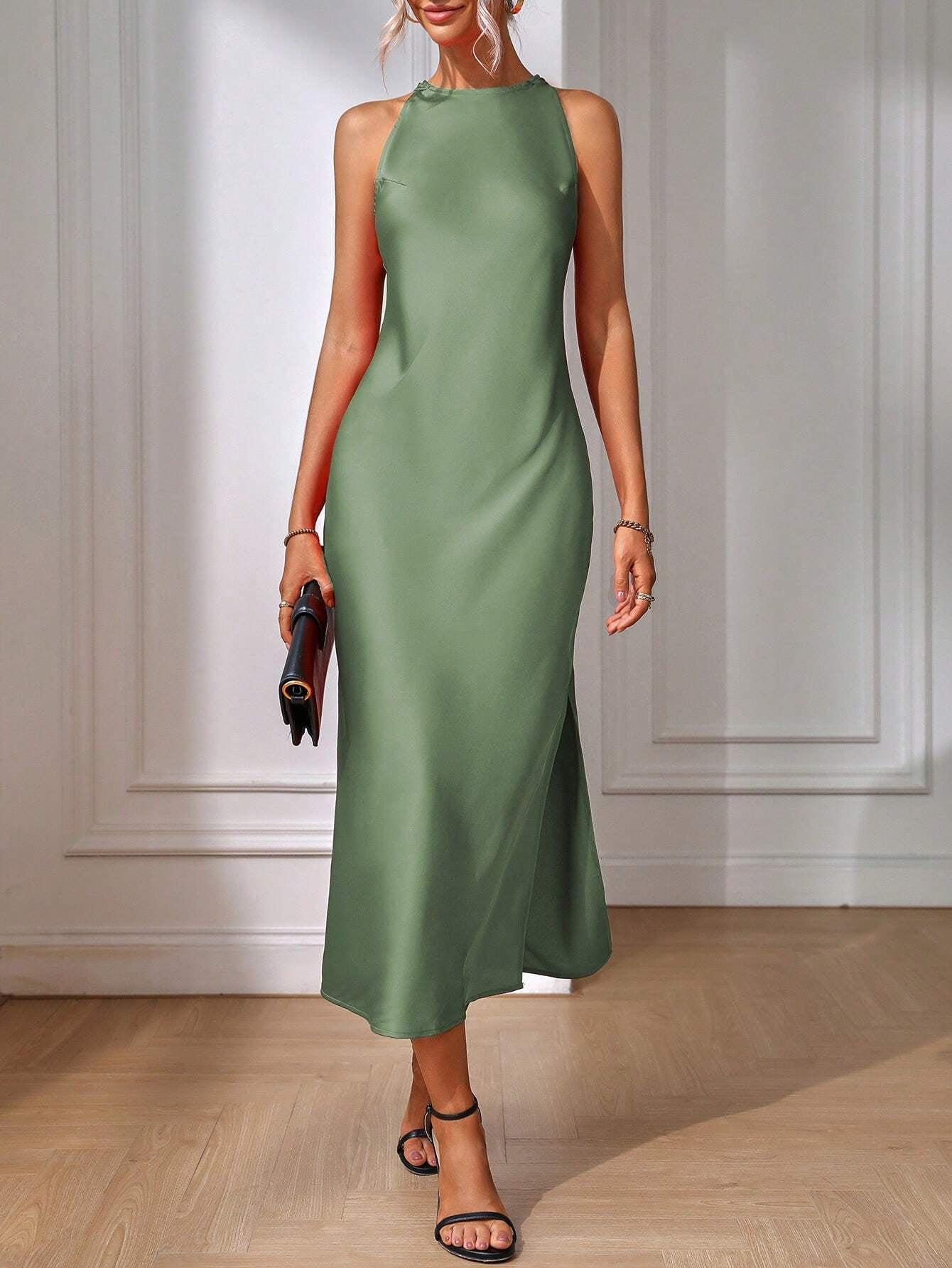 EMERY ROSE Solid Split Thigh Dress Maxi Women Outfit Sage Green Dress Elegantsilk Dress Formal