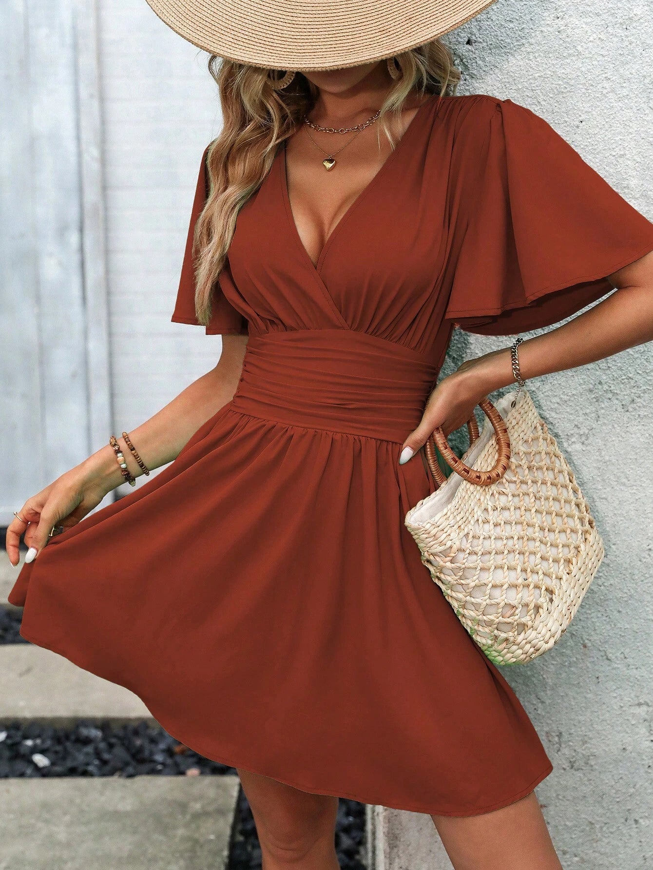 EMERY ROSE Plunging Neck Butterfly Sleeve Ruched Waist Dress