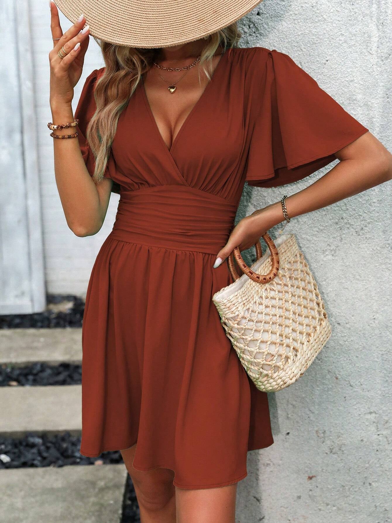EMERY ROSE Plunging Neck Butterfly Sleeve Ruched Waist Dress