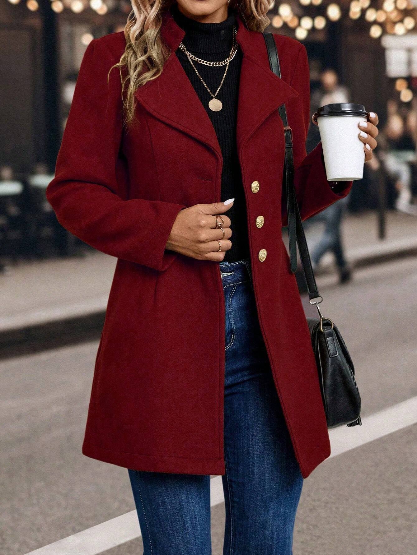 LUNE Solid Color Woolen Coat with Single Breasted Button Fall Winter Cloth for Women