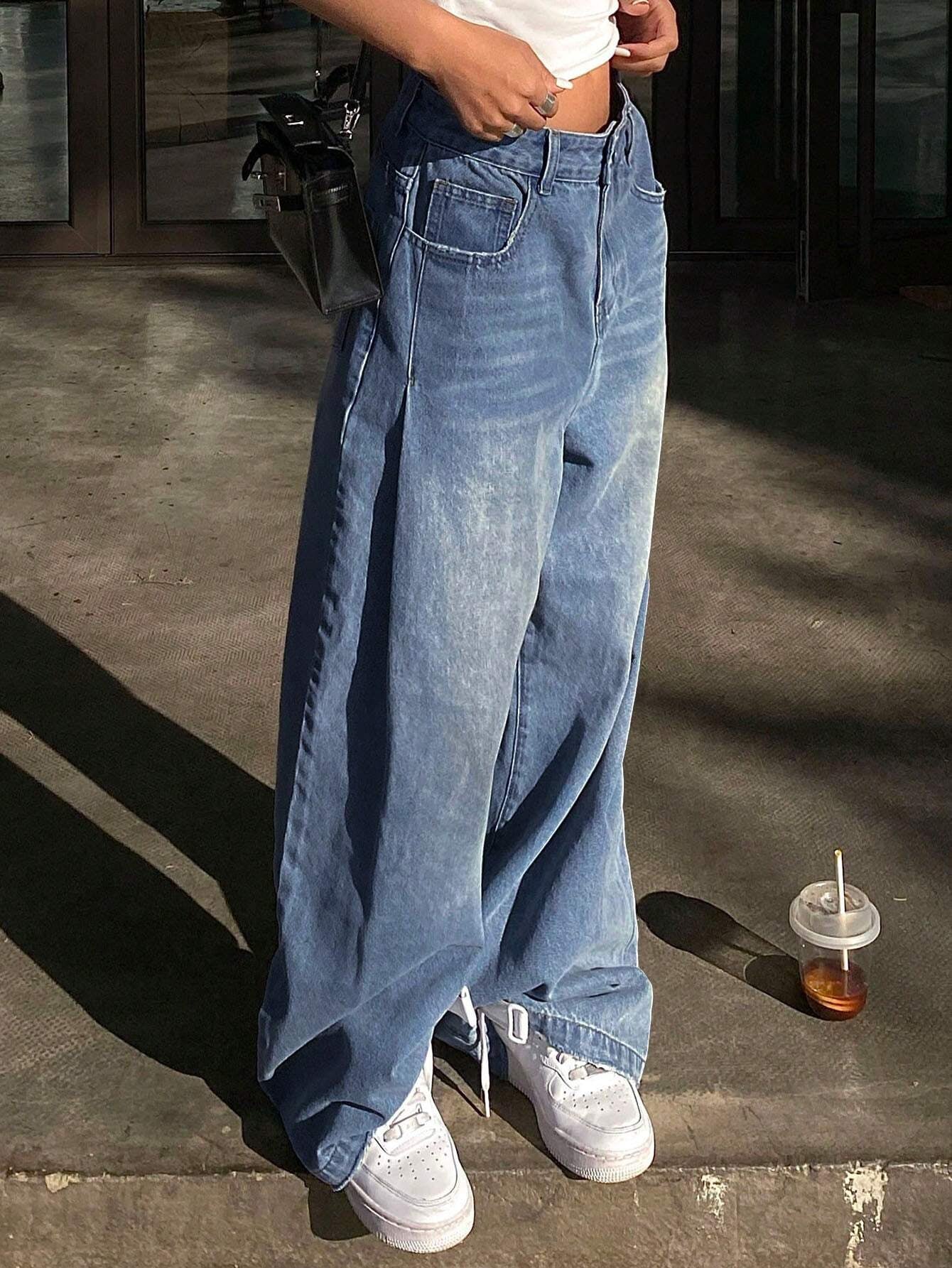 Livesso Ladies' Wide-Leg Jeans with Grinding & Distressed Details,Baggy Jeans,Back to School Clothes
