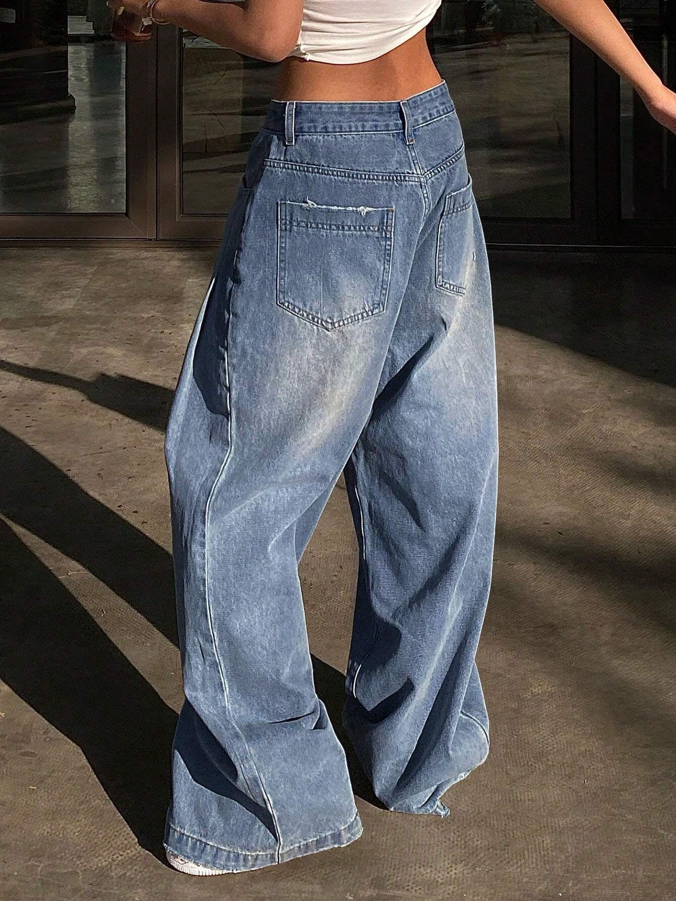 Livesso Ladies' Wide-Leg Jeans with Grinding & Distressed Details,Baggy Jeans,Back to School Clothes