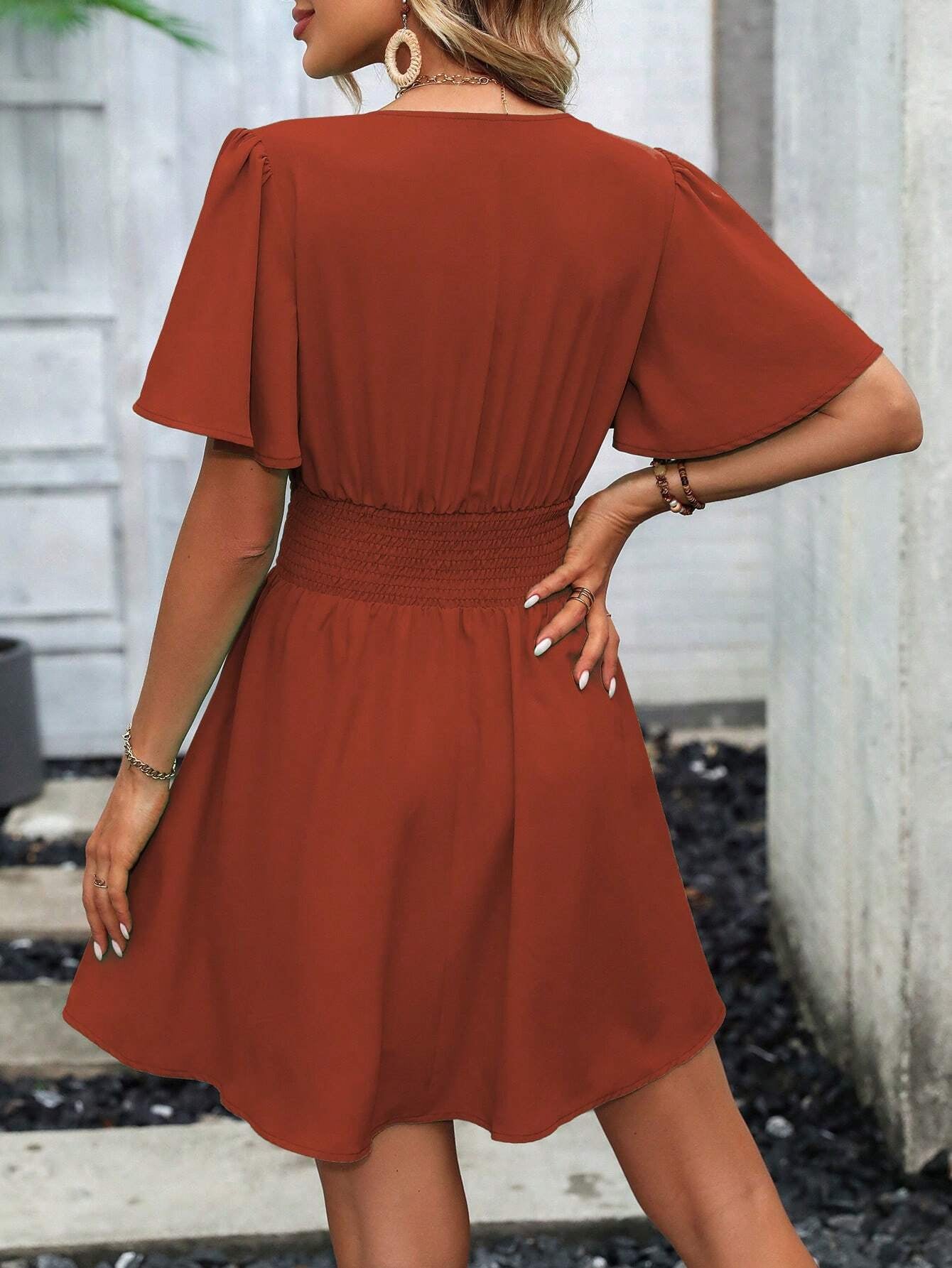 EMERY ROSE Plunging Neck Butterfly Sleeve Ruched Waist Dress